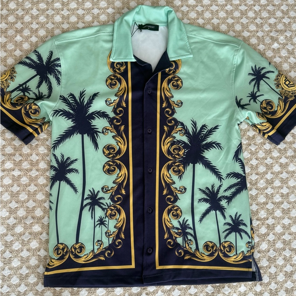 Left Point Palm Print Baroque Button Up Shirt Satin Mint Green Size M NWOT